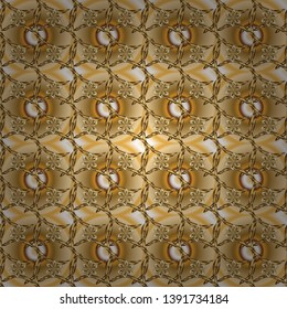 Vector illustration. Vintage seamless pattern on a beige and yellow colors with golden elements.