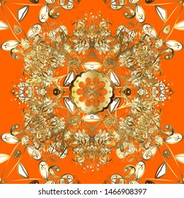 Vector illustration. Vintage seamless pattern on a orange and brown colors with golden elements.