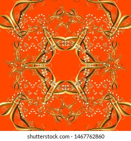 Vector illustration. Vintage seamless pattern on a brown and orange colors with golden elements.