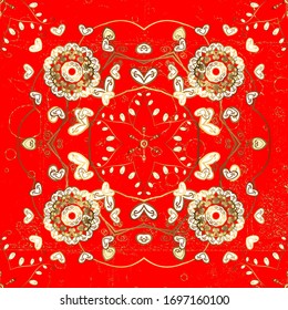 Vector illustration. Vintage seamless pattern on a white and red colors with golden elements.