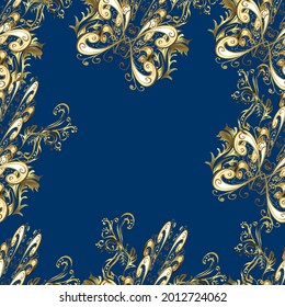 Vector illustration. Vintage seamless pattern on a blue, beige and brown colors with golden elements.
