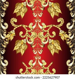 Vector illustration. Vintage seamless pattern on a brown, yellow and red colors with golden elements.