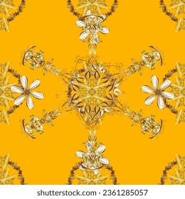 Vector illustration. Vintage seamless pattern on a brown, beige and yellow colors with golden elements.