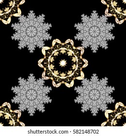 Vector illustration. Vintage seamless pattern on a black background with golden elements.