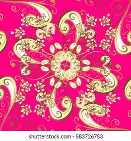 Vector illustration. Vintage seamless pattern on a magenta background with golden elements.