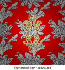 Vector illustration. Vintage seamless pattern on a red background with golden elements.