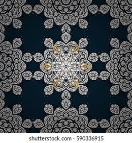 Vector illustration. Vintage seamless pattern on a blue background with golden elements.
