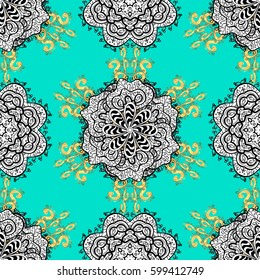 Vector illustration. Vintage seamless pattern on a blue background with golden elements.