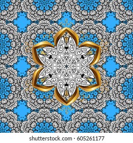 Vector illustration. Vintage seamless pattern on a blue background with golden elements.