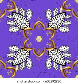 Vector illustration. Vintage seamless pattern on a violet background with golden elements.