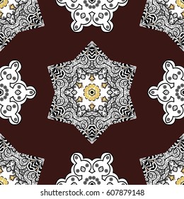 Vector illustration. Vintage seamless pattern on a brown background with golden elements.