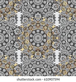Vector illustration. Vintage seamless pattern on a gray background with golden elements.