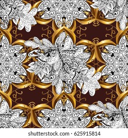Vector illustration. Vintage seamless pattern on a brown background with golden elements.