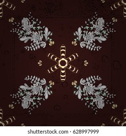 Vector illustration. Vintage seamless pattern on a brown background with golden elements.