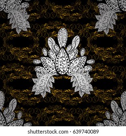 Vector illustration. Vintage seamless pattern on a black background with golden elements.