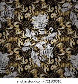 Vector illustration. Vintage seamless pattern on a black, white and beige colors with golden elements.