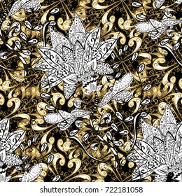 Vector illustration. Vintage seamless pattern on a black, white and beige colors with golden elements.