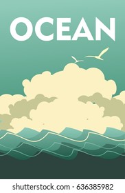 Vector illustration of a vintage seascape poster with waves of a cloud in the sky in front of a storm, a breeze
