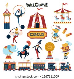 Vector illustration vintage set for a circus show with train, carousel, awning, elephant, horse, bear, lion, acrobats, magicians and clowns, isolated cartoon objects and elements. Welcome! Circus!