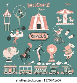 Vector illustration vintage set for a circus show with train, carousel, awning, elephant, horse, bear, lion, acrobats, magicians and clowns, isolated cartoon objects and elements. Welcome! Circus!