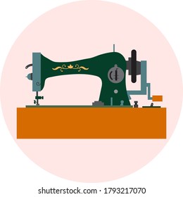 Vector illustration of vintage sewing machine in flat style with manual actuator. Emblem in a circle in nice natural colors. It can be used as icon or design element for needlework site, blogs