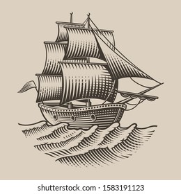 Vector illustration of a vintage ship in engraving style on the white background. Isolated.