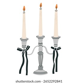 Vector illustration of vintage silver candlestick with bows and candles . Can be used in restaurant advertisements, decoration, antiques promotional materials, prints, cards and invitation designs.