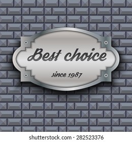 Vector illustration of vintage silver plate on the background of grey brick wall  for your design