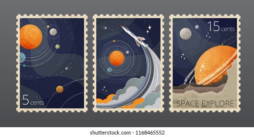 Vector illustration of vintage space postage stamp with planets and rocket isolated on gray background