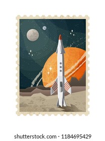 Vector illustration of vintage space postage stamp with planets and rocket isolated on white background