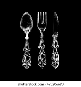 Vector illustration of vintage spoon fork and knife made in hand drawn sketch style. Template for business card poster banner and flyer.