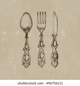 Vector illustration of vintage spoon fork and knife made in hand drawn sketch style. Template for business card poster banner and flyer.