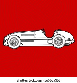 Vector illustration of vintage sport racing car. Car racing. Advertisements, brochures, business templates. Isolated on a red background