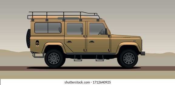 Vector illustration of vintage sport utility vehicle. Four wheel drive car. High performance transport for off-road and extreme tracks. All-terrain adventure automobile. Overland 4wd truck.