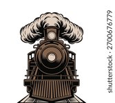A vector illustration of a vintage steam train (locomotive) seen from a front on perspective. The classic engine is rendered in a bold, retro style with a brown color palette. steam train front vector