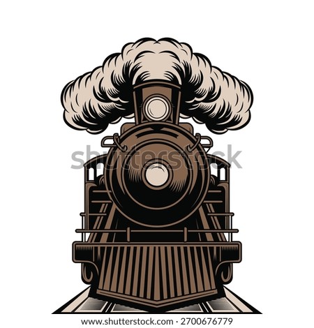 A vector illustration of a vintage steam train (locomotive) seen from a front on perspective. The classic engine is rendered in a bold, retro style with a brown color palette. steam train front vector