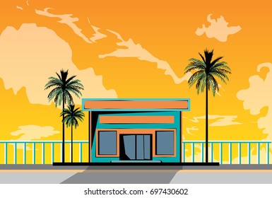 vector illustration of the vintage store on the seafront 
cloudy sunset sky and palm trees