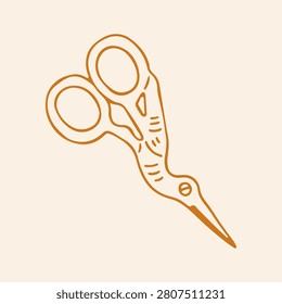 Vector illustration of vintage stork bird scissors for embroidery and needlework. Beautiful hand-drawn orange line art icon for retro sewing tools