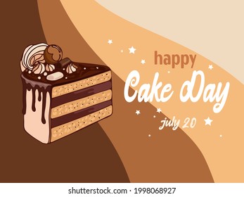 Ilustración vectorial en el estilo vintage apetitoso pastel de chocolate, malvavisco con letras. Día internacional del pastel. Día Mundial del Chocolate. Para libros de cocina, postres, menús, postales, carteles.