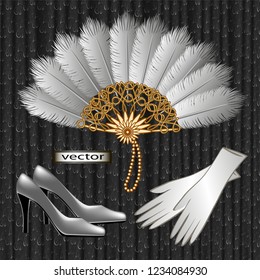 Vector illustration of vintage style ball set, white feather fan with gold, gloves and shoes, for the bride.