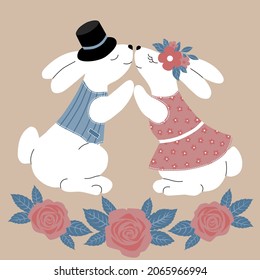 Vector illustration in vintage style, bunnies in love.