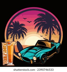 vector illustration in vintage style. Vintage car with surfing on the beach, against the background of palm trees with tequila and the sun.