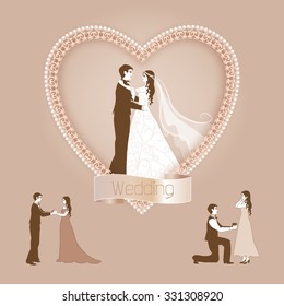 Vector illustration in vintage style. In the center is a frame in the form of heart. The illustration shows three of scene, where a young man meets a lady, man makes her an offer and they get married.