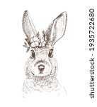 vector illustration in vintage style. cute easter bunny, hare with flowers. cute animal rabbit, symbol of Easter, spring. monochrome line drawing on white background