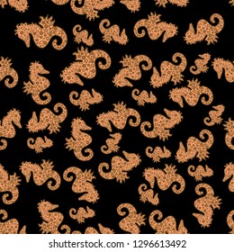 Vector illustration. In vintage style. Decor on seamless background for clothing design. Sea Horse. Pictures in orange, black and brown colors.
