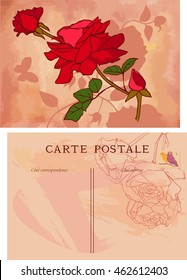 A vector illustration of a vintage style French post card, with blooming roses, a butterfly, and a postage stamp with two birds, on old paper texture; the front and the reverse sides