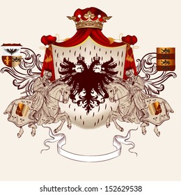 Vector illustration in vintage style with heraldic knights on horses 