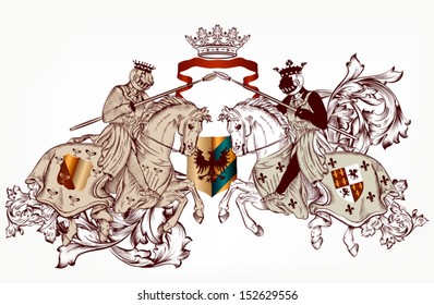 Vector illustration in vintage style with heraldic knights on horses 