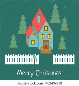 vector illustration of a vintage style house with trees and Merry Christmas text