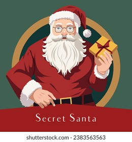 Vector illustration in vintage style, Santa Claus in traditional costume with a gift in his hand. Festive banner for the traditional Christmas gift exchange Secret Santa.
